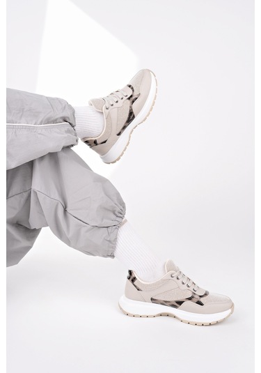 Muggo Melody Kadın Kalın Taban Günlük Leopar Desenli Bağcıklı Sneaker Spor Ayakkabı Ten
