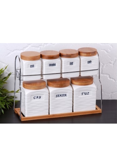 7'Li Bambu Kapaklı Askılı Porselen Baharatlık Baharat Takımı