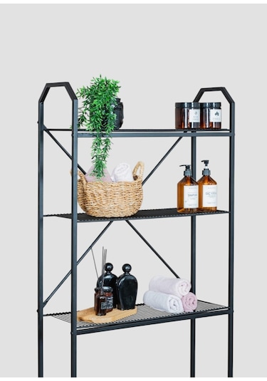 Metal 3 Raflı Banyo Rafı Çamaşır Makinesi Üstü Dekoratif Raf Siyah