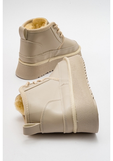 Luvishoes Ovela Bej Cilt Kalın Taban Bağcıklı Kadın Spor Bot Bej