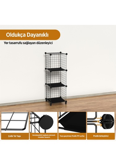 Dekoratif Tel Kafes Tasarımlı 3 Bölmeli Raf - Çok Amaçlı Tel Dolap Siyah