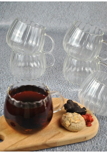 Kulplu Çizgili Tombul Modern Cam Bardak Çay Bardağı-6 Adet Şeffaf