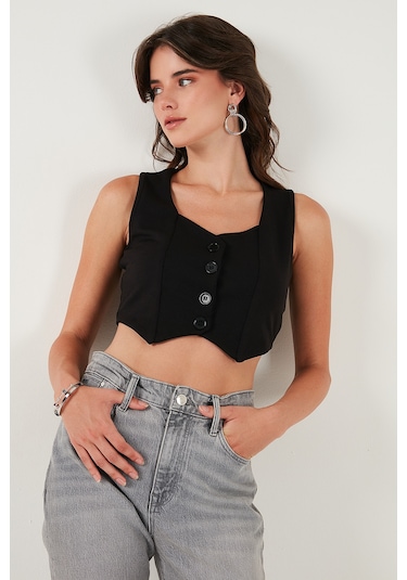 Lela Slim Fit Kalp Yaka Düğmeli Kalın Askılı Crop Bayan Yelek 5865497 Siyah