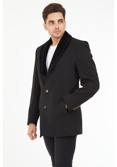 Sposo 1661 Yaka Kürkü Çıkmalı Yünlü Kaşe Siyah Erkek Kaban Siyah