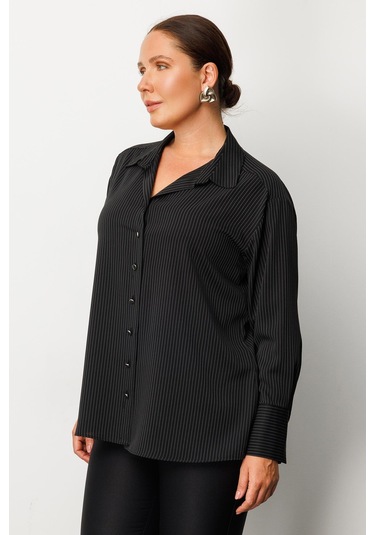 Moda İlgi Kadın Büyük Beden Simli Çizgili Gömlek 0034 Siyah Siyah
