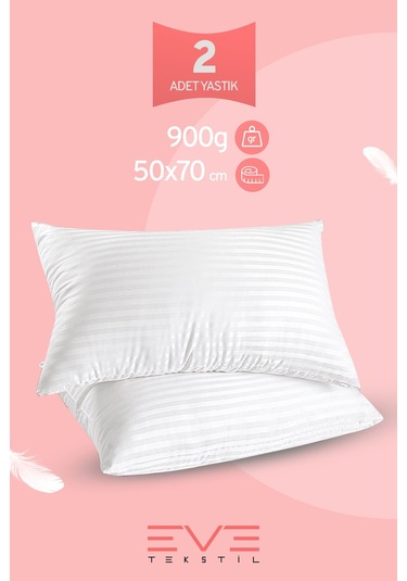 Eve Tekstil 2 Adet Çizgili Saten Fermuarlı Antialerjik Yıkanabilir Silikon Elyaf Yüksek Dolgulu Yastık 900 Gr Beyaz