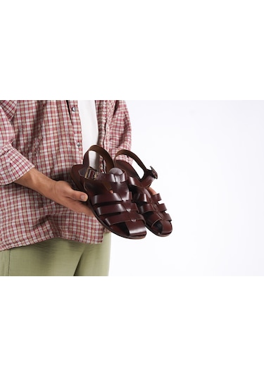 Sur Sandalet El Yapım Kösele Erkek Bodrum Sandalet Kahverengi