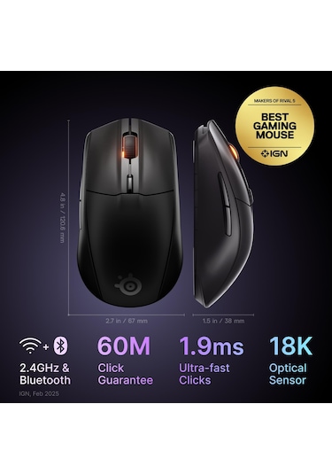 Steelseries Rival 3 Wireless Gen 2 Gaming Mouse - 2.4ghz Ve Bluetooth Bağlantı - Siyah Rival 3