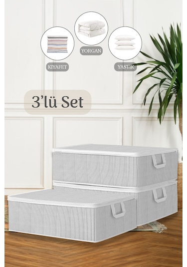 3'lü Çekyat Baza Tipi Yastık Kıyafet Saklama Hurcu - Baza Altı Düzenleyici Hurç 50 X 30 X 22 Cm Gri