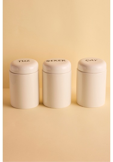 Heybeli 3'lü Porselen Kapaklı Yuvarlak Formlu Ergonomik Kavanoz Takımı Beyaz Beyaz