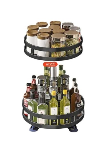 Novahub Tcherchi Mutfak Tezgahı 2 Katlı Depolama Rafı, Döndürülebilir Baharat Organizatörü Siyah Siyah