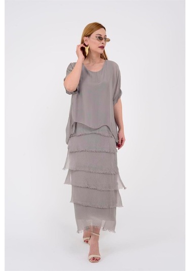 İtalyan 2 Beden İnce Gösteren Yarım Kol Kat Kat Ipek Elbise Vizon