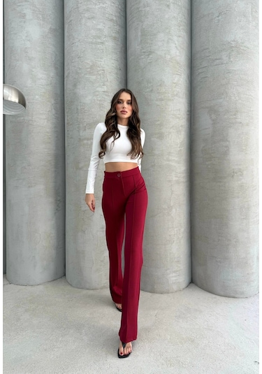 Kazax Önü Cumalı İthal Krep Pantolon Bordo