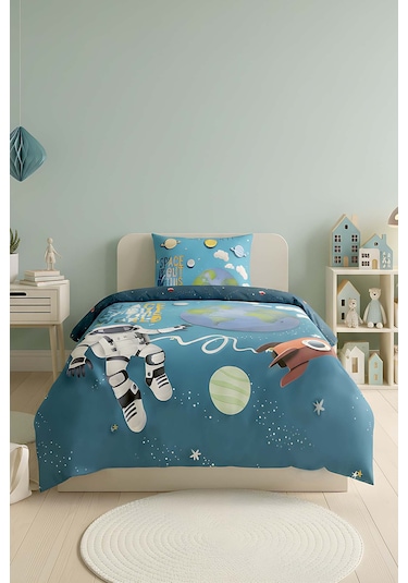 Little Astronot %100 Pamuklu Junior Tek Kişilik Nevresim Takımı Çok Renkli