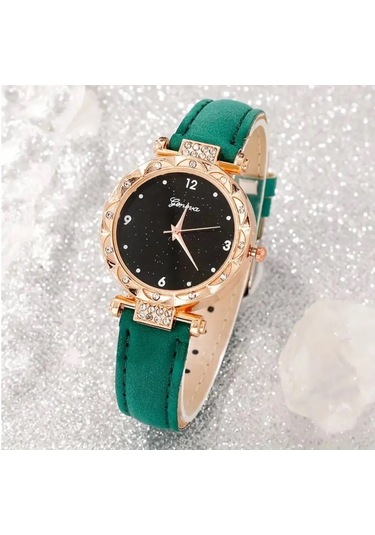 Kadın Yuvarlak Saat Ve Kolye+küpe+yüzük Takı Seti, 5 Adet/takım Yeşil