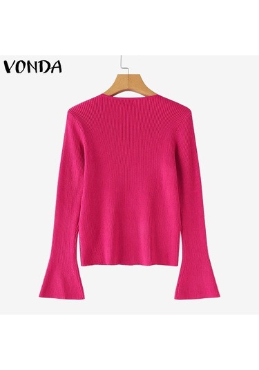 Vonda Kadın Vintage Yuvarlak Yaka Uzun Kollu Dar Kazak Kazaklar Beyaz