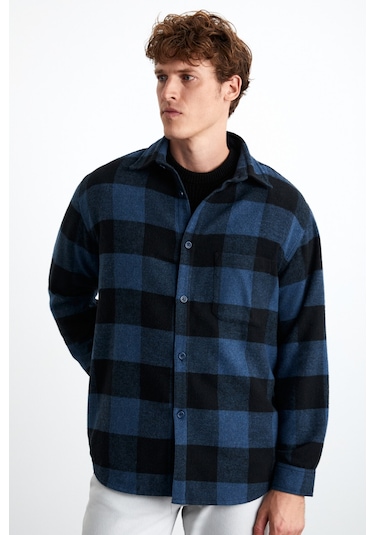 Wıldy  Erkek Pamuk-polyester Gömlek Yaka Relaxed Oduncu Mavi Gömlek