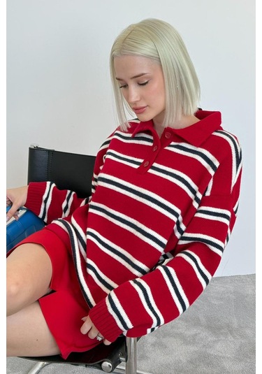 Kırmızı Polo Yaka Çizgili Kadın Triko Kazak Mg2469 Kırmızı