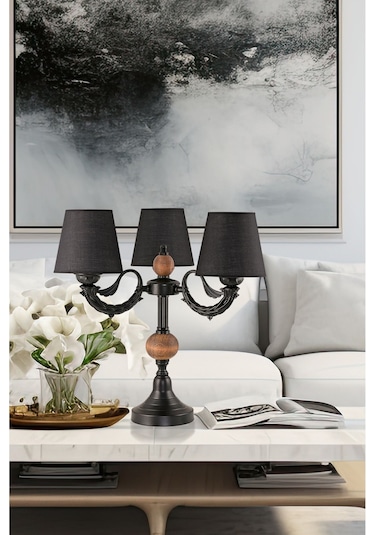 Üçlü Şamdan Masa Lambası Abajur Siyah Siyah Şapkalı Siyah
