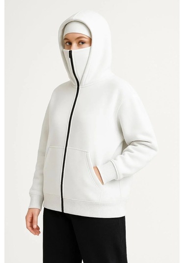 Kadın Samuray Ninja Çift Kapşonlu Zıp Fermuarlı Kanguru Çepli Hoodie Maske Detaylı Swetshirt - Beyaz Beyaz