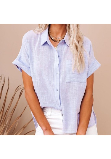 Yaz Pamuk Keten Gömlek Kadın Kısa Kollu Üstleri Kadın Zarif Bluzlar Kısa Kollu Yaz Gömlek Kadın Için Rahat 21929 Açık Mor