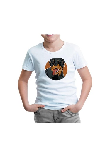 Rottweiler Dog With Circular Background Beyaz Çocuk Tshirt 001
