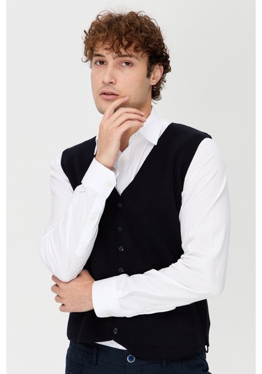 Erkek V Yaka İnce Triko Yelek Lacivert Lacivert
