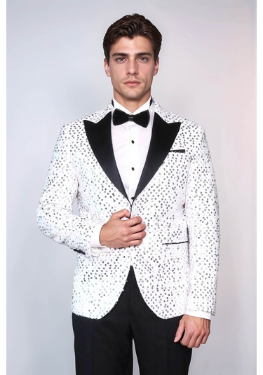 Pul Desenli Beyaz Damatlık Ceket - Wessi White