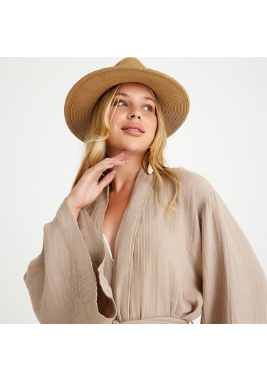 Pamuklu Dokuma Beli Kuşaklı Maxi Kadın Kimono Kaftan - Small Medium Bej