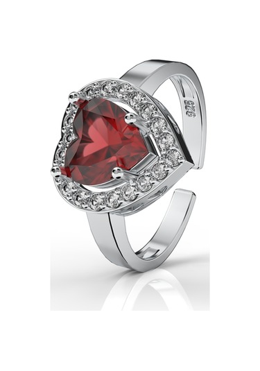 925 Ayar Lal Taşlı Rodyum Pırlanta Işıltılı Kalp Ayarlanabilir Gümüş Yüzük Rr10032 Gümüş