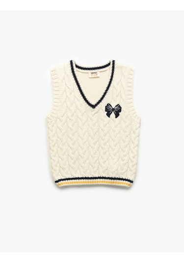 Koton V Yaka Örgü Dokulu Fiyonk Detaylı Triko Süveter Ekru 6wkg90072ht Ekru