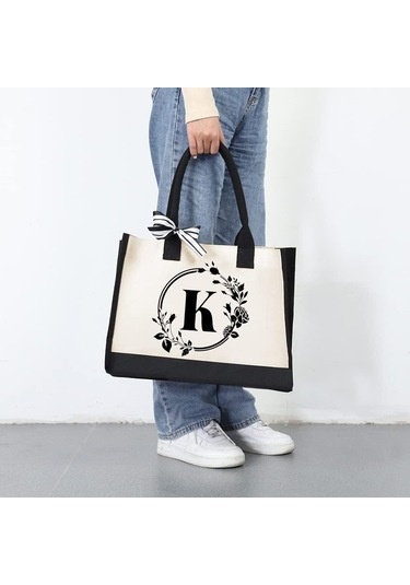 Tuval El Çantası Mektuplar Çiçek Taşınabilir Plaj Omuz Alışveriş Tote Çanta A425 Siyah