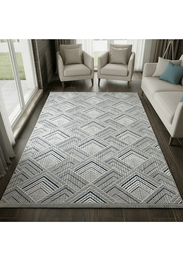 Konak Halı Modern Salon Halısı 3d Geometrik Desenli Gri Emboss Saçaklı Kaymaz Taban Açık Gri