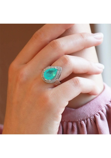 Paraiba Taşlı Damla Model 925 Ayar Gümüş Yüzük Gümüş