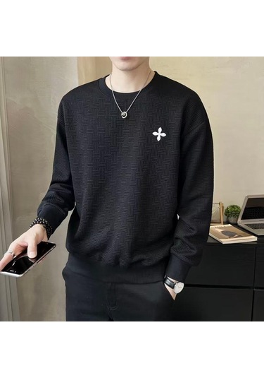 Sonbahar Yeni Erkek Uzun Kollu Kazak Gençlik Trendi Moda Çok Yönlü Rahat Yuvarlak Yaka Tide Erkek Siyah