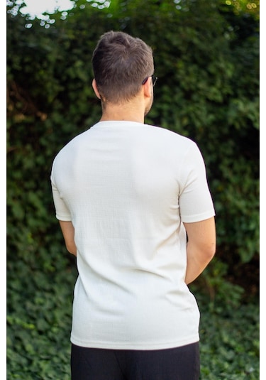 Erkek Beyaz Krep Kumaş Rahat Salaş Esnek Bisiklet Yaka T-shirt 23etshtarp 001