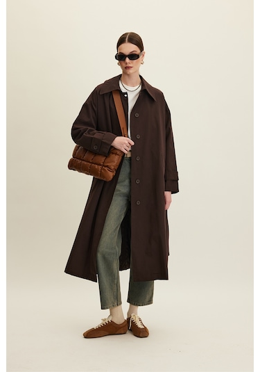 Manuka Kemerli Oversize Gabardin Trençkot Acı Kahverengi