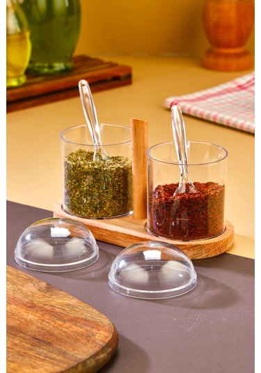 Kaşıklı Şeffaf Kapaklı Ahşap Standlı 2'li Kavanoz Baharat Seti ŞEffaf