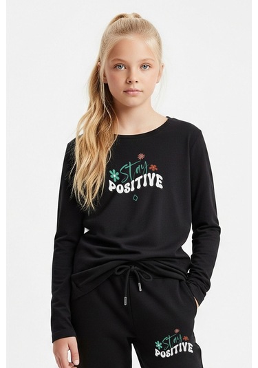 Yuvarlak Yaka Stay Posıtıve Baskılı Kız Çocuk Alt-üst Takım Siyah