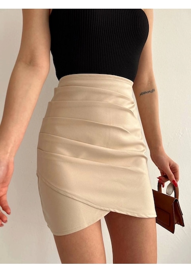 Yandan Drapeli Asimetrik Etek Bej S24771 Bej