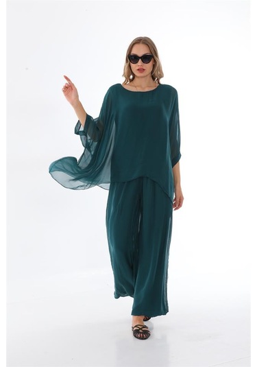 İtalyan Yarasa Kol İpek Bluz-8869 Zümrüt Yeşili
