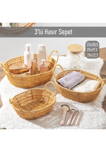 Porsima 302b 3lü Düzenleyici Oval Hasır Sepet Seti Ekmeklik Sepet