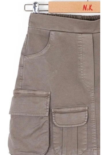 Kız Çocuk Pamuklu Bel Lastikli Kargo Cepli Antik Etek-14744 Haki