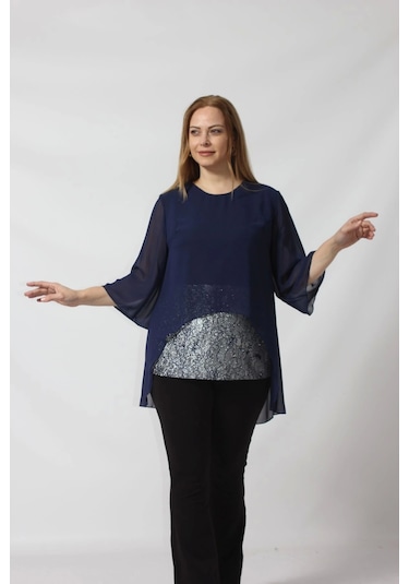 4048 Şifon -simli Dantel Kombinli Büyük Beden Bluz Lacivert Lacivert