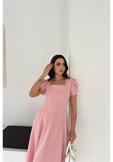 Neşeli Butik Kadın Pembe Kare Yaka Balon Kol Midi Boy Elbise Nbk4550 Pembe
