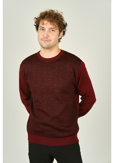 Ateş Triko Erkek Bisiklet Yaka Desenli Yün Kazak 3035 Bordo