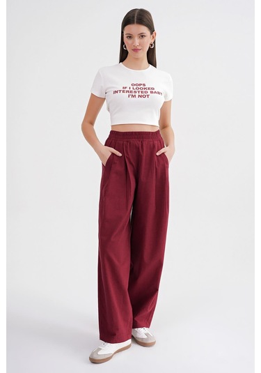 4682 Kadın Beli Lastikli Jogger Bol Keten Pantolon Bordo Bordo