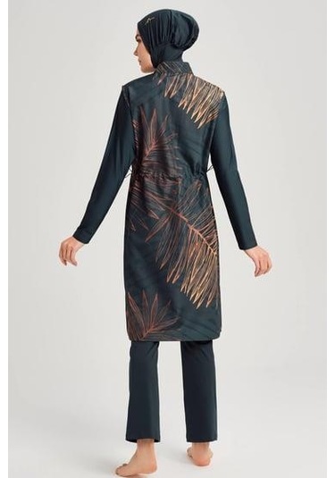 Haşema 3049 Yeşil Gold Yaprak Detaylı Jileli 5 Parça Tesettür Mayo Takımı Çok Renkli