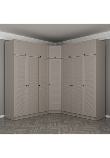 Kale 7 Kapaklı 4 Çekmeceli Köşe Dolap + Yüklük Kumtaşı Mebran Panjur 255cm Bej