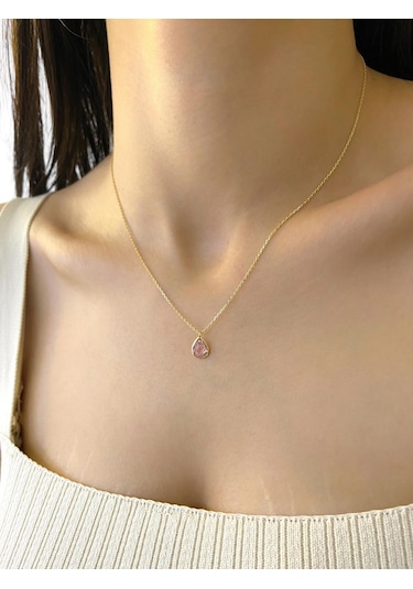 Magold Minik Damla Pembe Kuvars Taş Günlük Çok Şık Altın Altın Kolye